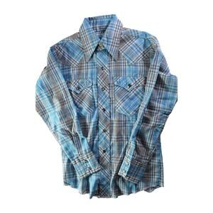 True VTG Wrangler Long Sleeve Plaid Shirt Pearl Snap Pearly Blue White Size 12